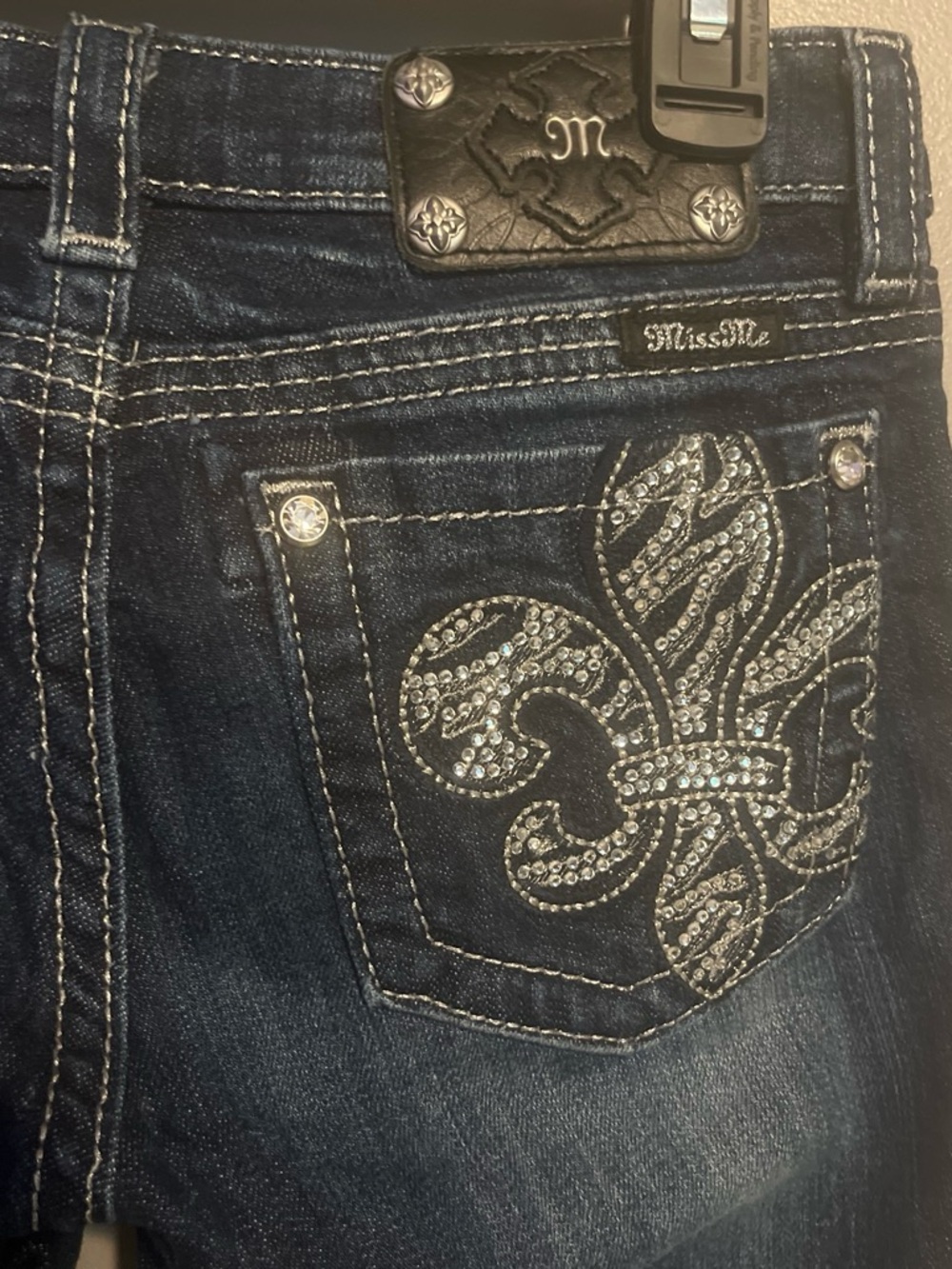 Miss Me Dark Blue Jeans with Rhinestone Fleur-de-Lis